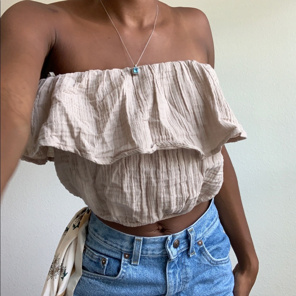 Linen Blend Ruffle Tube Top